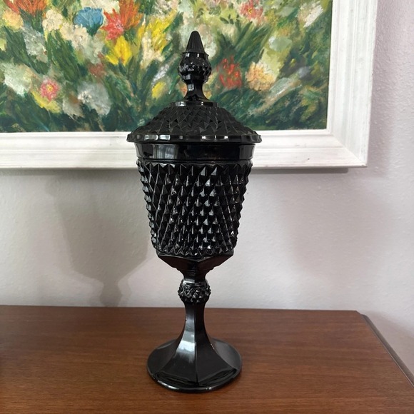 Other - Vintage Black Amethyst Glass Candy Dish with Lid Diamond Point Pedestal Jar 15"